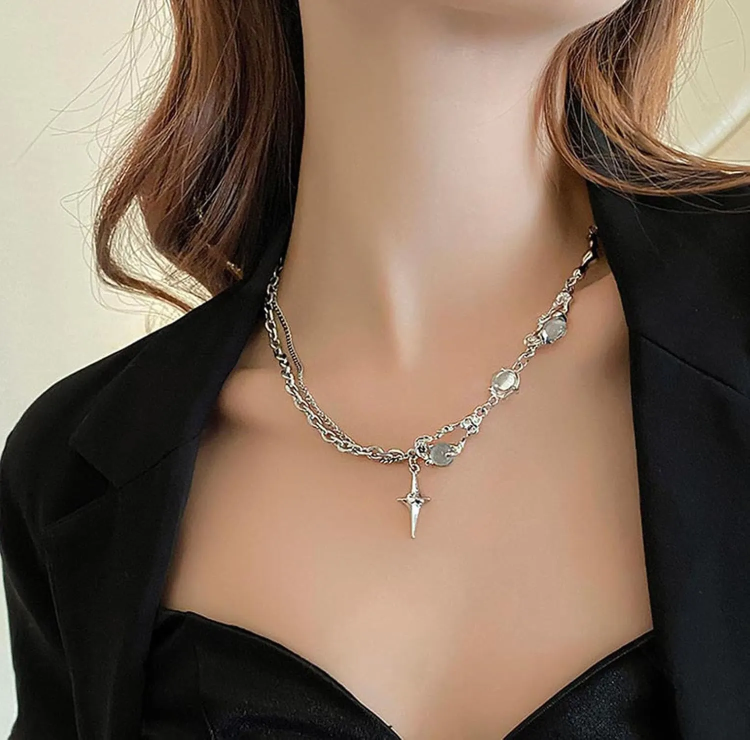 Y2k Necklace for Women Silver Star Necklace Moonstone Planet Necklace Punk Paper Clip Chain Necklace Star Y2k Necklace Jewelry for Women