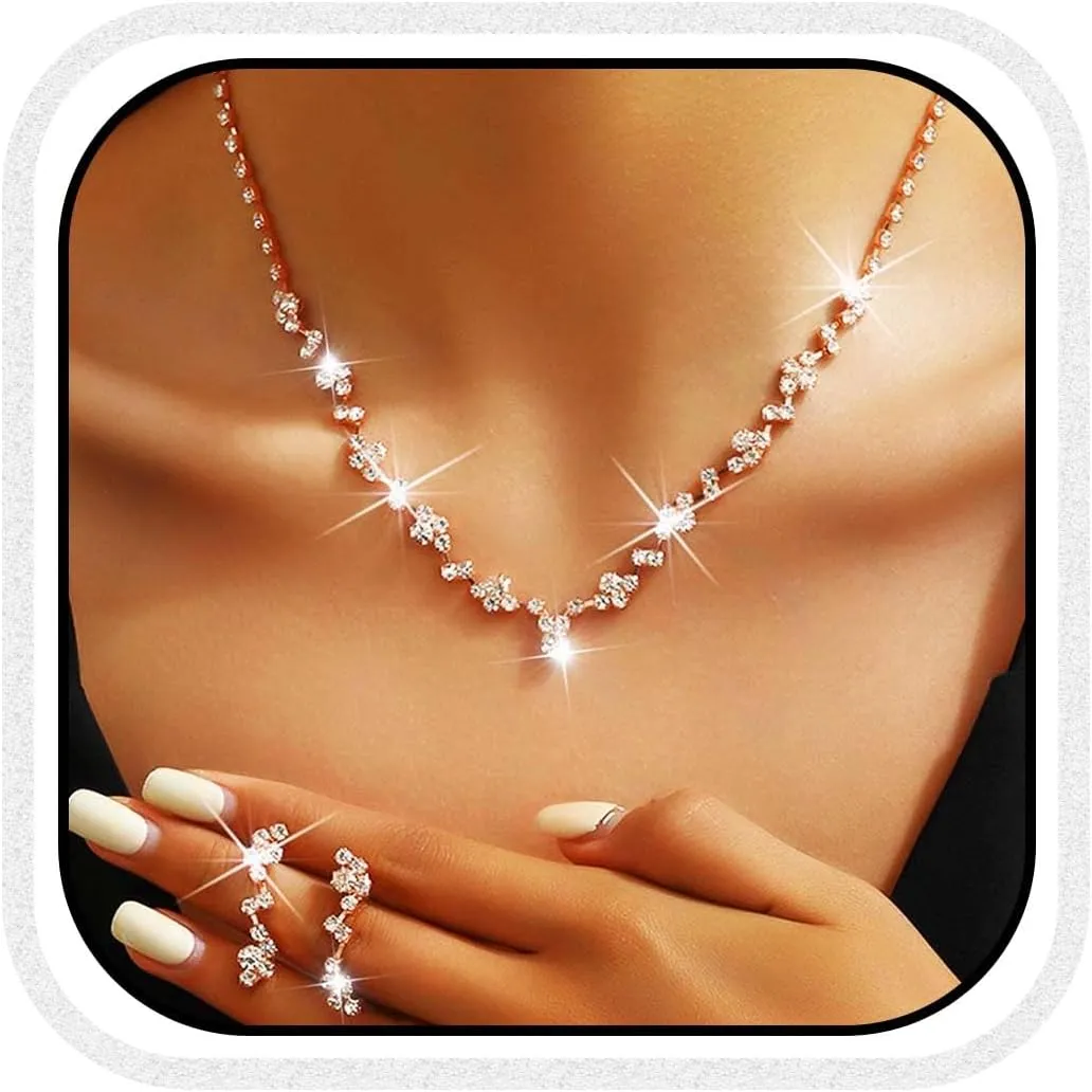 Yean Bride Silver Bridal Necklace Earrings Set Crystal Wedding Jewelry Set Rhinestone Choker Necklace for Women and Girls