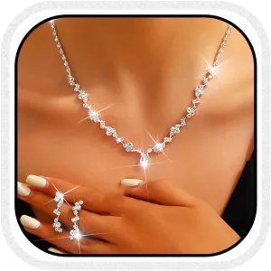 Yean Bride Silver Bridal Necklace Earrings Set Crystal Wedding Jewelry Set Rhinestone Choker Necklace for Women and Girls
