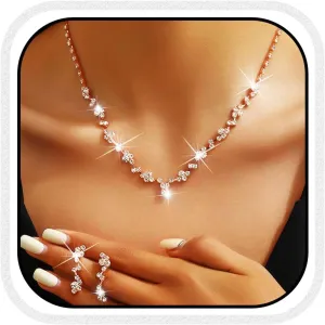 Yean Bride Silver Bridal Necklace Earrings Set Crystal Wedding Jewelry Set Rhinestone Choker Necklace for Women and Girls