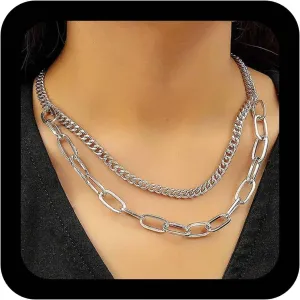 YienDoo Punk Silver Layered Necklace Vintage Chunky Link Chain Stacked Paper Clip Cuba Chain Choker Necklace Rock Statement Thick Necklace Charm Jewelry for Women