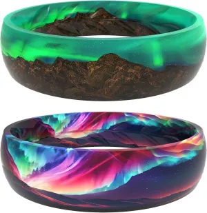 Zollen Silicone Wedding Rings for Women 2 Packs Breathable Printed Design with LeavesUnique Design, Comfort Fit Ring
