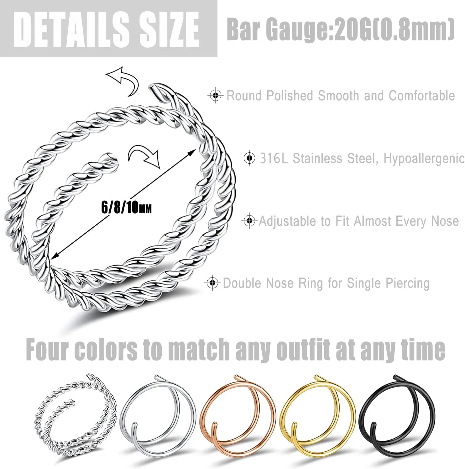 ZS 9-36Pcs Faux Septum Nose Rings for Women Men, Fake Nose Rings Hoop, 316L Stainless Steel Faux Lip Nose Septum Piercing, 8mm Non-Pierced Clip On Nose Rings Hoop Set