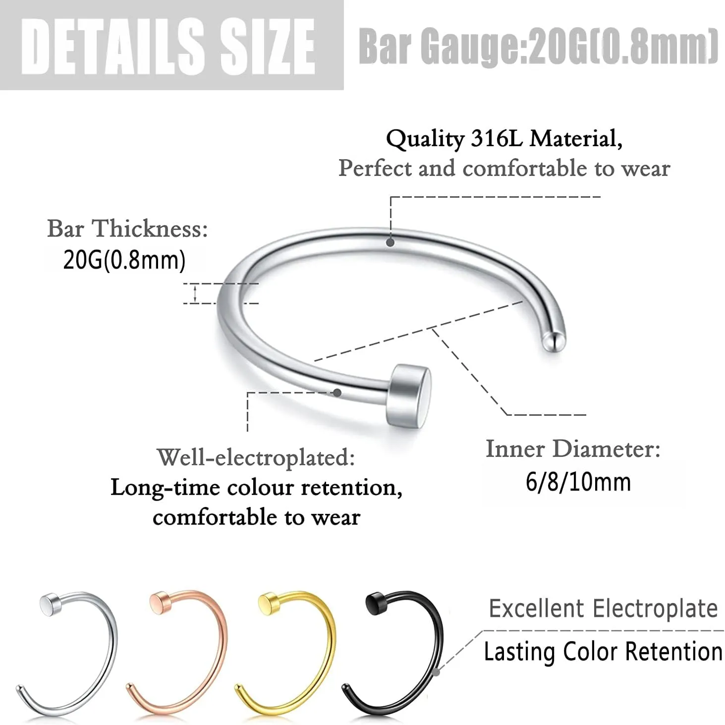 ZS 9-36Pcs Faux Septum Nose Rings for Women Men, Fake Nose Rings Hoop, 316L Stainless Steel Faux Lip Nose Septum Piercing, 8mm Non-Pierced Clip On Nose Rings Hoop Set