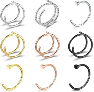 ZS 9-36Pcs Faux Septum Nose Rings for Women Men, Fake Nose Rings Hoop, 316L Stainless Steel Faux Lip Nose Septum Piercing, 8mm Non-Pierced Clip On Nose Rings Hoop Set